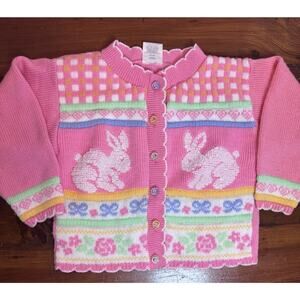 Vintage Easter Bunny Cardigan Sweater Kids 6/6X Pink Knit Spring Floral Pastel